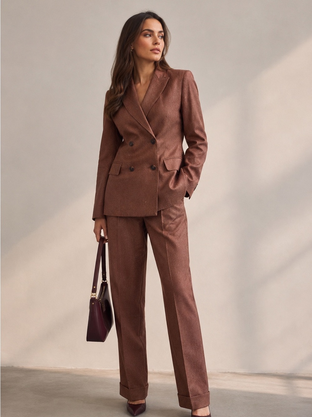 Max Mara Italy 100%  Wool Brown Pant Suit 2 Pc Double Breasted Blazer US 2 IT 36